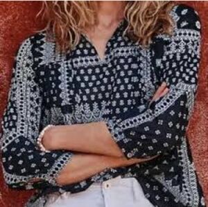 J Jill Blue and White Bandana Print Peasant Top